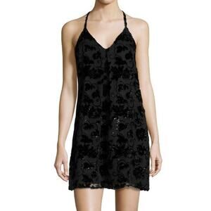 Alice + Olivia Black Blue T-Back Evangelina Dress sz L Fierra Velvet Trim (d